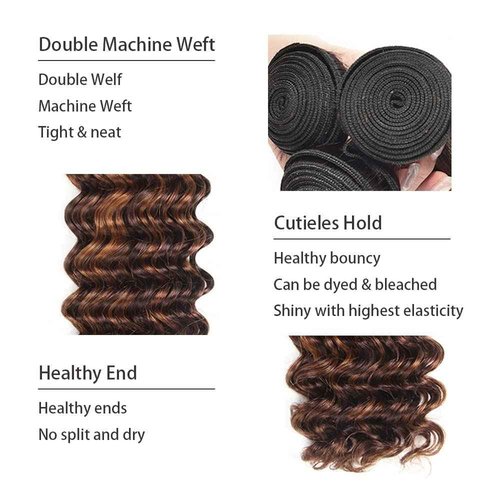 Xddnamei Deep Wave Human Hair Bundles 8 10 12 Inch Brazilian Chocolate Brown Highlight P4/30 12A Raw Unprocessed Brazilian Virgin Quick Weave Hair for Black Women