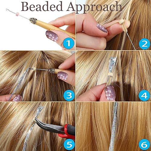 Pink Hair Tinsel with Tools,Fairy Strands Glitter Sparkling Shiny Tensile Hair Accessories for Christmas New Year(48 Inch Pack of 5Pcs, Rouge Pink)