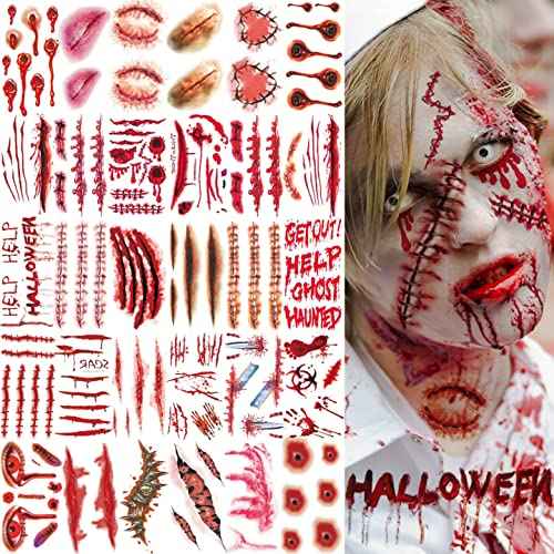 215+ PCS 30 Sheets 3D Fake Scars Tattoo Temporary Halloween Makeup Kit, Fake Stitches Tattoos Cut Scary Face Wound Blood Chucky Scars Tatoos For Kids Women Men Boys Girls Zombie Sticker