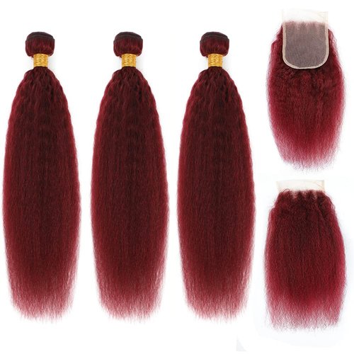 99j Brazilian Yaki Straight Human Hair 4 Bundles Yaki Human Hair Bundles 100% Virgin Kinky Straight Virgin Hair Extensions Women Girl Black Red (10 12 14)