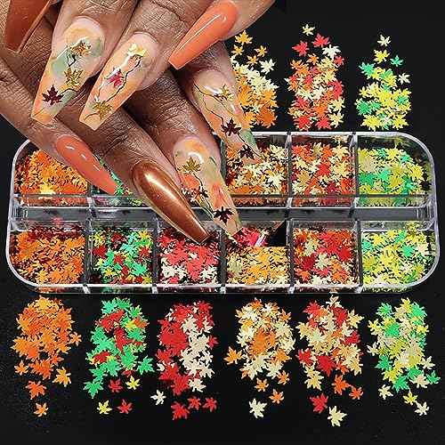 12 Colors Fall Nail Art Stickers Maple Leaf Nail Glitter Sequins 3D Nail Art Accessories Autumn Leaf Shape Flakes Holographic Gold Red Yelloween Maple Leaves Paillettes Designs Acrylic Nails Supplies
