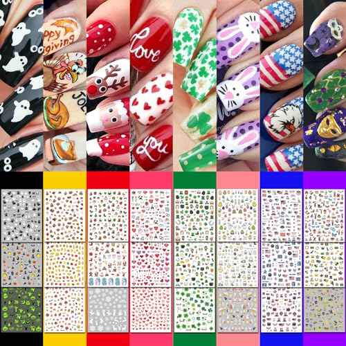 30 Sheets 8 Holiday Nail Art Stickers, Variety Pack All Season Nail Decals for All Year, Self-Adhesive Pegatinas U?as 4th of July Halloween Fall Christmas Valentine St. Patrick's