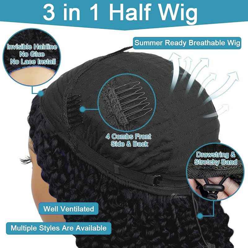 Kinky Curly Half Wig Human Hair 200% Density 3 In 1 Seamless Flip Over Half Wigs Human Hair Glueless Wear and Go Beginner Friendly Kinky Curly Wig Human Hair Drawstring Headband Wig for Women 18 Inch