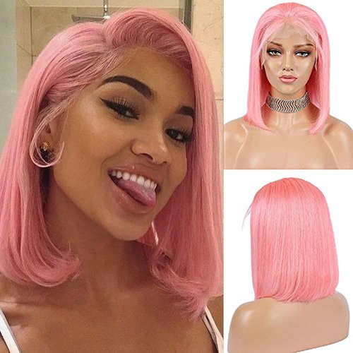 Guanyuhair Pre-plucked Short Bob Human Hair Lace Front Wigs Glueless Silky Straight 150% Full Density #Pink Free Part Bob Wigs For Black Women (12 inches, Pink)