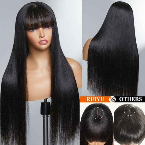 Ruiyu Straight Human Hair Wigs with Bangs 180% Density 2x4 Lace Front Wigs with Bangs Closure Wear and Go Glueless Wigs 100% Brazilian Virgin Human Hair Wigs for Women 16 Inch