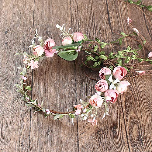 Flower Crown Headband Rose Wreath Garland Hair Bands Floral Wedding Bridal Hair Hoop Women Ladies Leaf Vine Party Decoration Headdress Headwear Christmas Handmade Headpiece Hair Accessories Pink