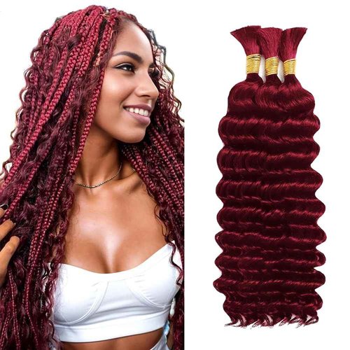 Hailookmey Human Braiding Hair for Boho Braids 150g Deep Wave Human Hair for Braiding 3 Bundles/Pack No Weft Curly Human Hair Extensions for Braids (99J Burgundy Color,24 Inch)
