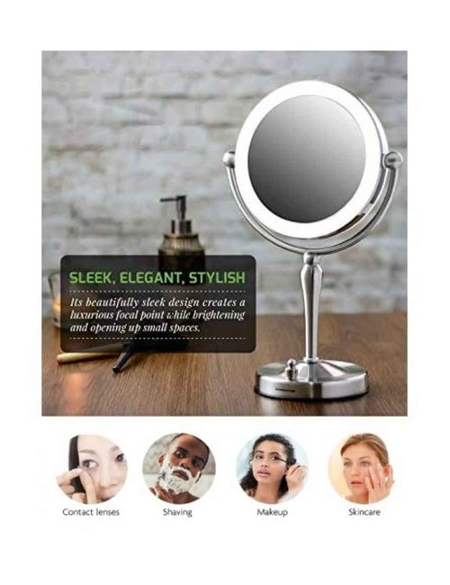 Ovente Lighted Makeup Mirror Tabletop 7.5'' 360 Degree Double Sided Spinning 1X 10X Round Magnifier, LED with Dimmer Switch, Acrylic Edge, Battery & USB Adapter Operated, Polished Chrome MKT75CH1X10X