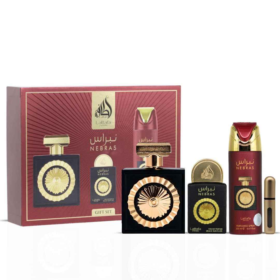 Lattafa Pride Nebras 3-Piece Luxury Perfume Gift Set for Women & Men - Gourmand Berry & Chocolate | Juicy Raspberry, Dark Cocoa & Vanilla |Long-Lasting Indulgent Scents (Gift Set)