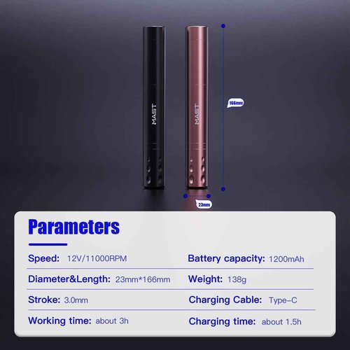 Mast Tour Fly Tattoo Gun Pen Wireless Machine Rotary Mcore-A Motor Thin Grip Rca Jack Digital Battery Power Supply (Pink)