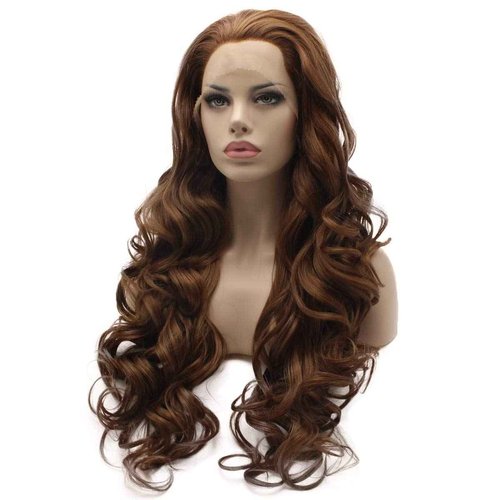 Lushy Wavy Long 26inch Three Tone Auburn Brown Blonde Mix Wig Heat Resistant Synthetic Lace Front Realistic Heat Friendly Wig