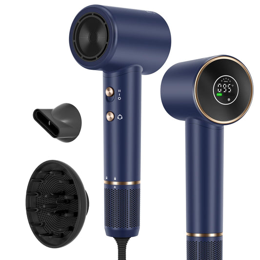 Hair Dryer, PARWIN PRO BEAUTY Fast Drying Blow Dryer with Diffuser, 110,000 RPM High Speed Hair Dryer with HD Display, 200 Million Negative Ions for Frizz Smoothing, 2 Speeds & 3 Temps, Prussian Blue