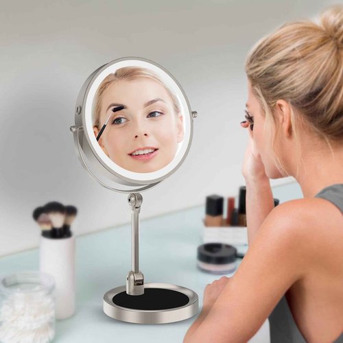 9" Large Lighted Makeup Mirror with 1X/10X Magnification, 4000mAh Rechargeable Vanity Mirror with Height Adjustable & 3 Color Dimmable Lights, 360°Swivel Double Sided Tabletop Cosmetic Mirror