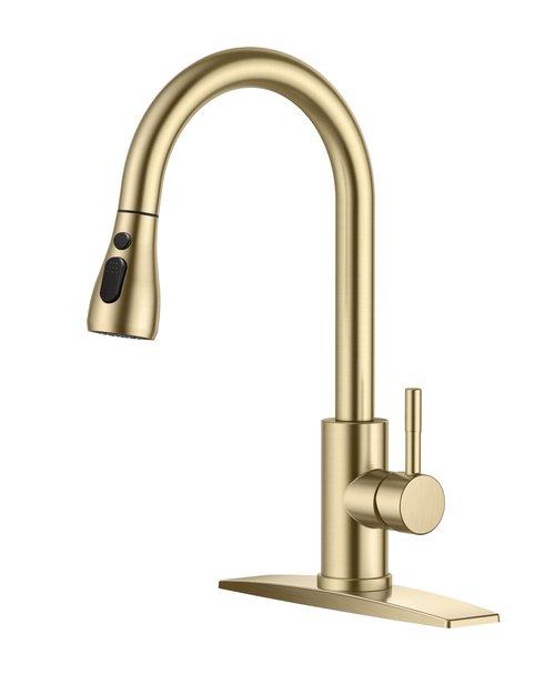 FORIOUS Gold Kitchen Faucet with Pull Down Sprayer, High Arc Single Handle Classic Stainless Steel Sink Faucet 1 or 3 Hole, Suitable for Farmhouse Camper Laundry Rv Bar