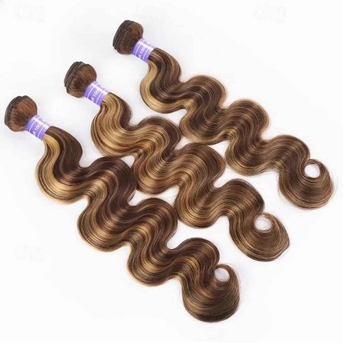 Perstar Ombre Highlight Body Wave Bundles Human Hair Honey Blonde 4/27 Human Hair Bundles 18 20 22 Inches Soft and Healthy 100% Unprocessed Brazilian Virgin Remy Hair Weft