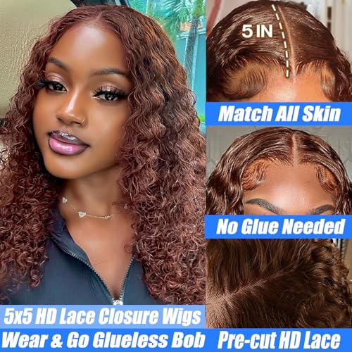 Bob Wig Human Hair Deep Wave Glueless Wigs Human Hair Pre Plucked Pre Cut Chocolate Brown 5x5 Wear and Go Wig for Black Women Lace Front Glueless Wigs Human Hair 16Inch