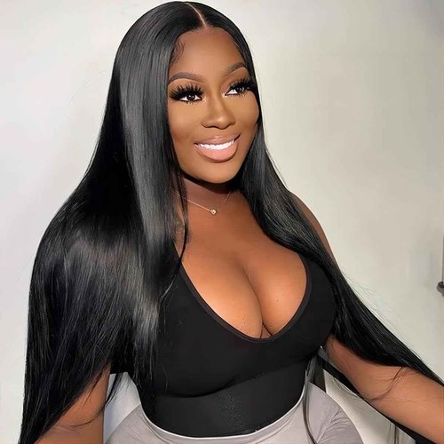 ISEE Wear Go Glueless Wigs Human Hair Pre Plucked Pre Cut Straight Transparent 5x7 Lace Glueless Wig Pre Bleached Tiny Knots Human Hair Wig for Black Women 180% 16 Inch