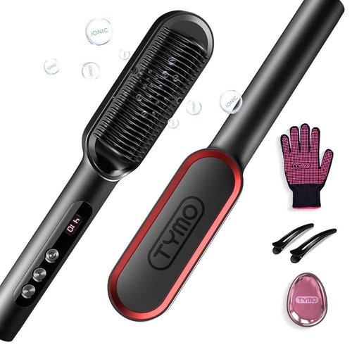 TYMO Ring Plus Ionic Hair Straightener Brush - Straightening Comb with Negative Ions for Women, Titanium Coating, 9 Temp Settings & LED Display, Dual Voltage, Professional Styling Tools
