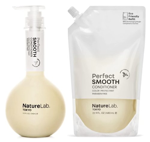 NatureLab.TOKYO Perfect Smooth Shampoo & Conditioner Duo: Lightweight Moisturizing Conditioner for Smoother Frizz-Free Hair - Bottle 11.5oz + Refill Pouch 22.9oz