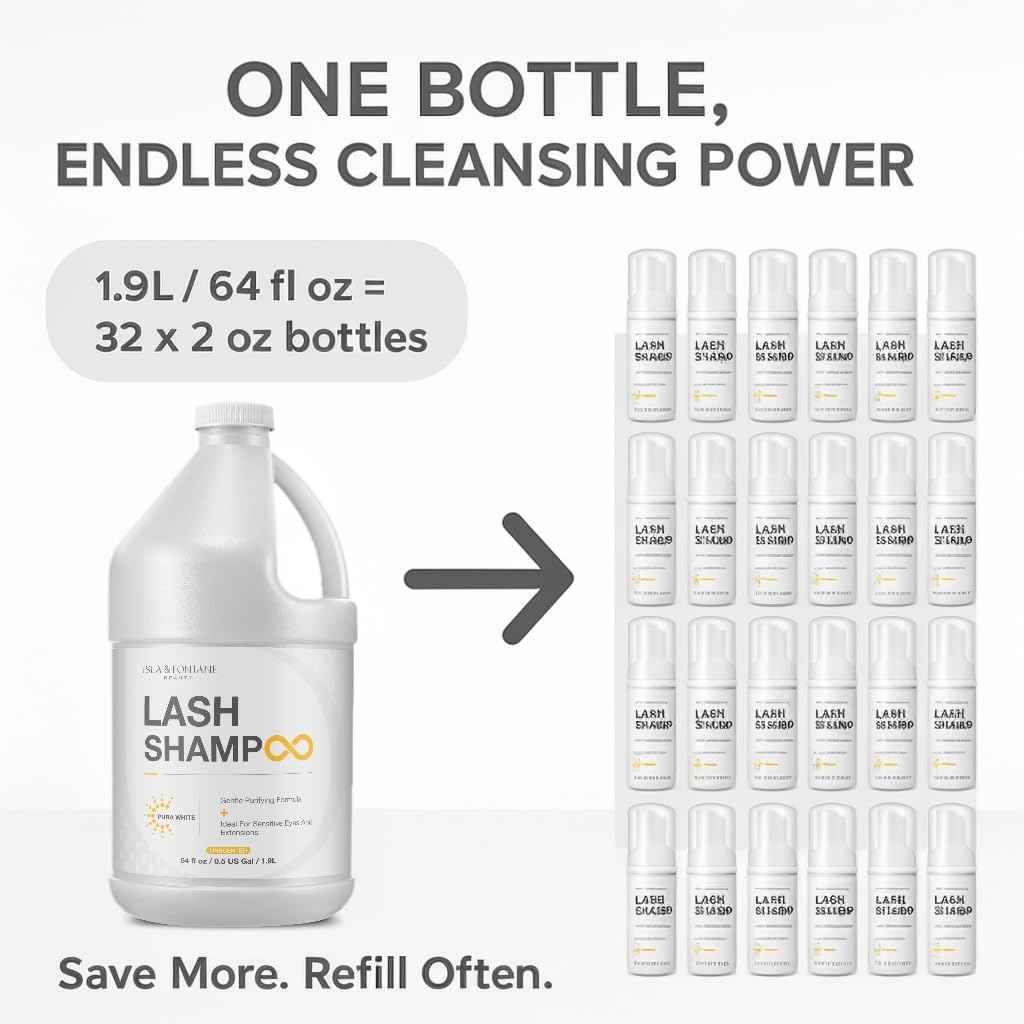 ISLA & FONTANE Lash Shampoo Bulk – Pura White 64 fl oz | Gentle Eyelash Shampoo for Extensions | Lash Foam Cleanser | Oil-Free Lash Bath for Home & Salon Use
