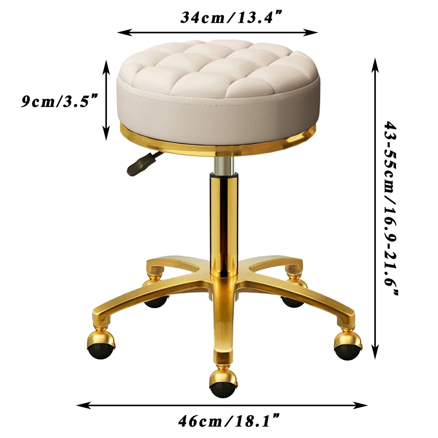 HZLCMPY Rolling Stool Gold Vanity Stool with Wheels, Pedicure Massage Roller Stools, PU Leather Round Swivel Salon Spa Chair, Titanium Gold Base, Height Adjustable 43-55 cm (Off White)