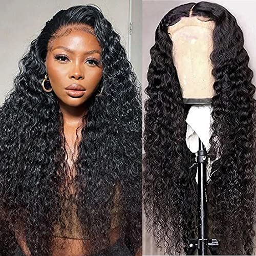 QinMei 13x4 Deep Wave Human Hair Lace Front Wigs for Black Women Brazilian Virgin Human Hair Deep Curly Lace Front Wigs with Baby Hair Pre Plucked Bleached Knots Natural Color 180% Density 20 Inch