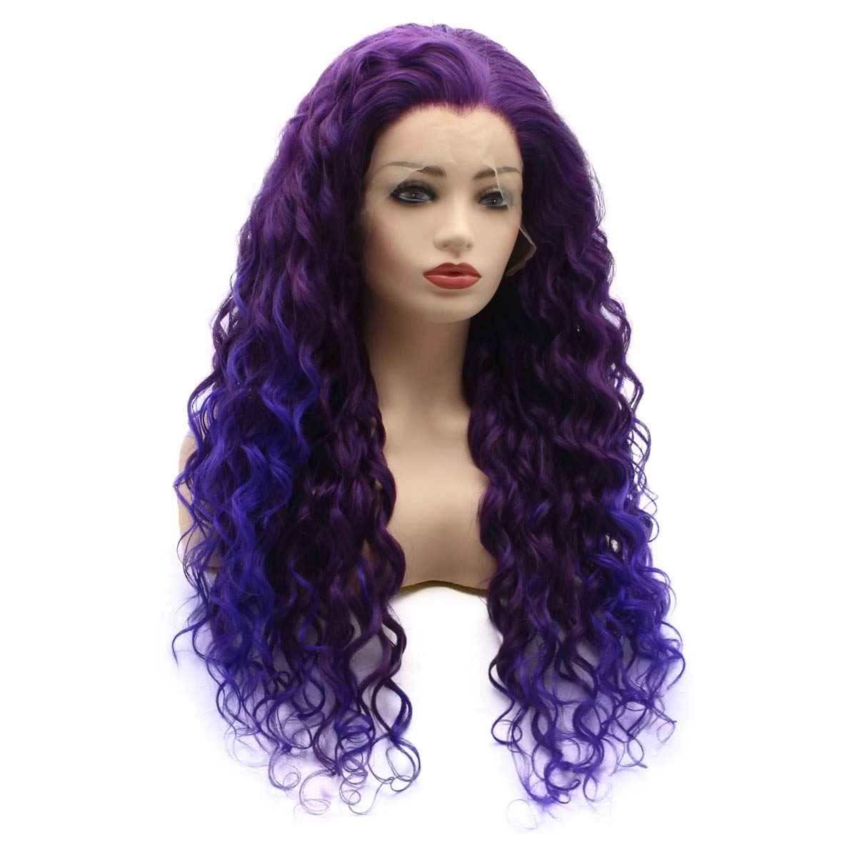 Meiyite Hair Curly Long 26inch Purple Root Light Purple Ombre Half Hand Tied Heavy Density Synthetic Lace Front Wigs