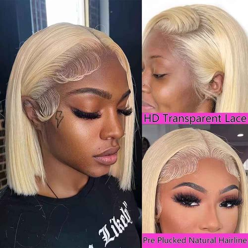 13X4 HD Transparent 613 Blonde Bob Wig Human Hair Lace Front Wigs Pre Plucked With Baby Hair 100% Unprocessed Glueless Wig Human Hair Blonde 613 Blunt Cut Short Bob Lace Frontal Wigs For Black Women