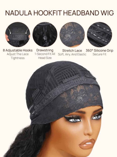 Nadula Water Wave Headband Wig Human Hair with Drawstring – Glueless HookFit Wet and Wavy Half Wig Beginner Friendly, Ready to Wear Clip in Half Wigs for Women Natural Black Color 16inch