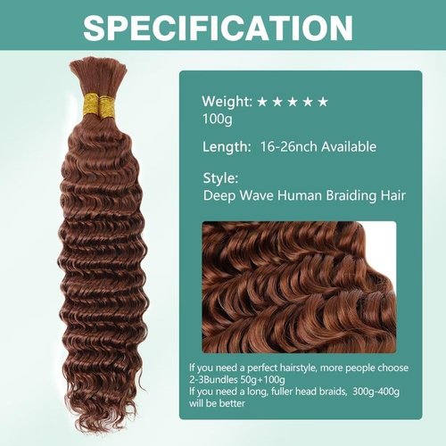 24 Inch 100g Deep Wave Human Braiding Hair 2 Bundles/Pack Color 30# Deep Curly Bulk Human Braiding Hair for Boho Braids No Weft 100% Brazilian Human Brown Braiding Hair Extensions for Micro Braids