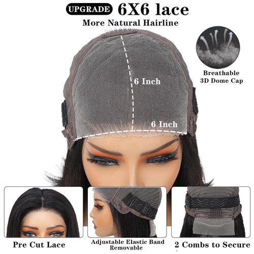 Oriole 200 Density 6x6 Glueless Bob Wig,100% Human Hair,<2-year life,185g>,16 Inch Straight HD Transparent Lace Closure Bob Wig Human Hair Wear and Go Glueless Shot Bob,Free Part