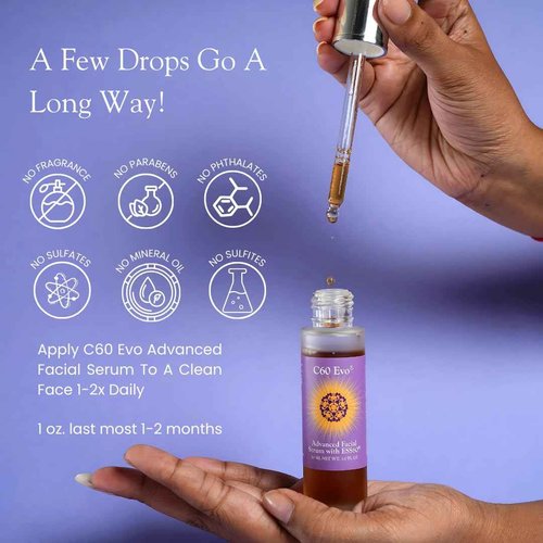C60 EVO Advanced Facial Serum, Natural Serums for Skin Care with Pure C60 ESS60, Deeply Nourishing and Age-Defying Serum for Face, Facial Serum Infused with 21 Natural and Vegan Ingredients, 1 oz