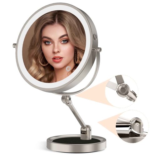 9" Large Lighted Makeup Mirror with 1X/10X Magnification, 4000mAh Rechargeable Vanity Mirror with Height Adjustable & 3 Color Dimmable Lights, 360°Swivel Double Sided Tabletop Cosmetic Mirror