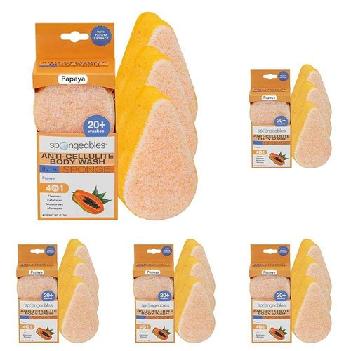 Spongeables Anti Cellulite Body Wash in a 20+ Wash Sponge, Papaya, 3 Count (Pack of 5)