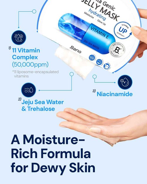 Bano Vita Genic Jelly Face Hydrating Mask 10EA – Firming Sheet Mask for Sensitive Skin, Korean Glass Skin Care with Mineral Water, Vitamin C & Niacinamide, Fragrance-Free, Pack of 2