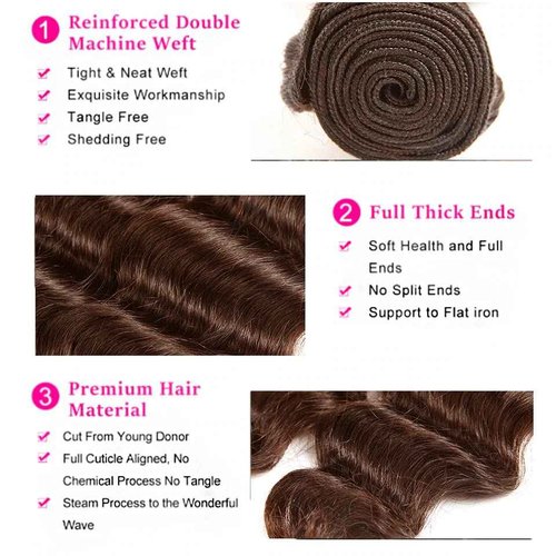 Raivide Color #4 Bundle Chocolate Brown Deep Wave Human Hair Bundles Brazilian Dark Brown Bundle Color #4 Loose Deep Bundles Human Hair 12 14 16 Inch