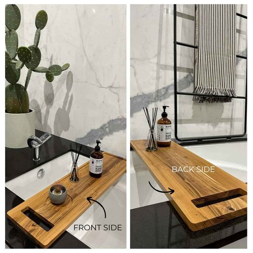 Zeek Bathtub Caddy Tray Solid Natural Wood Bath Board Charcuterie Serving Platter Housewarming Gift