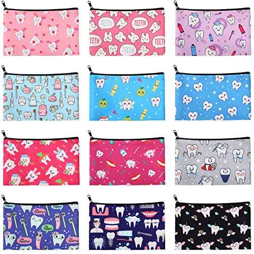12 Pieces Teeth Makeup Bag Cute Cosmetic Bag for Nurse Women Dental Dentist Gift Colorful Toiletry Bag Multifunctional Polyester Bag with Zipper Teeth Printed Accessories (7.09 x 4.33 Inch)