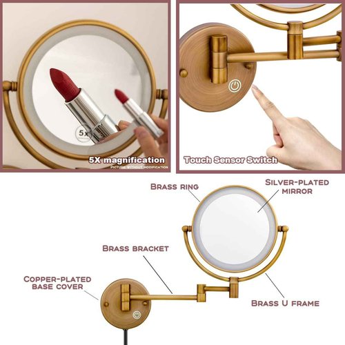 RECKODOR 8" Brass Wall Mount Makeup Mirror with Lights, 1X/5X Double Sided Personal Mirrors for Bathroom with 360 Swivel Extendable, Antique Brass Indoor Arts Ware, Plug Powered