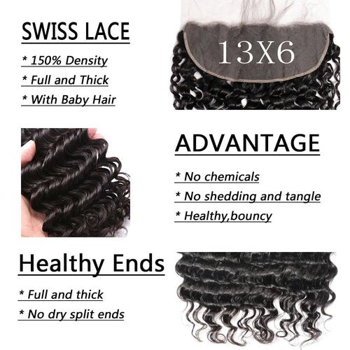 13x6 Lace Frontal Only Deep Wave Closure Natural Hairline Pre Plucked Baby Hair Brazilian Virgin Human Hair High Density Bleached Knots 18 Inch For Black Woman