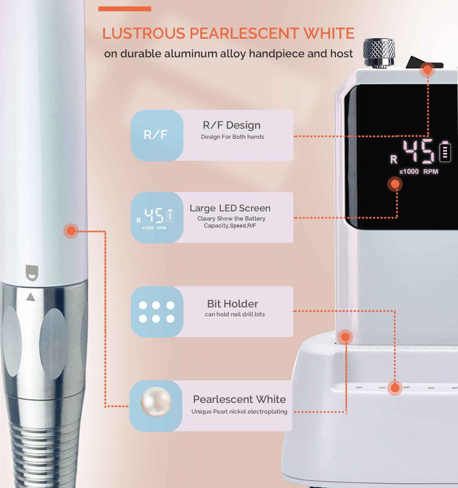 Lumcrissy Professional Nail Drill Machine - Cordless Brushless Motor Nail File, 45000 RPM 2*3500mAh Portable Efile for Acrylic Gel Nails with 6 Bits & ETL-Certified USB Charger for Salon & Home