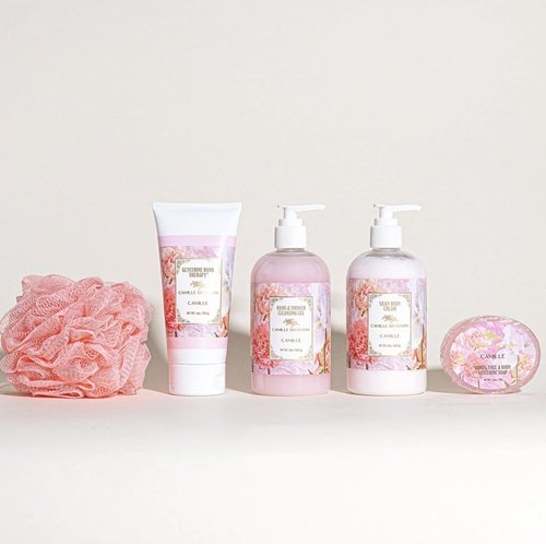 Camille Beckman Essentials Gift Basket, Camille, Glycerine Hand Therapy 6 oz, Silky Body Cream 13 oz, Hand and Shower Cleansing Gel 13 oz, Glycerine Soap 3.5 oz, Bath Body Net, and Gift Basket