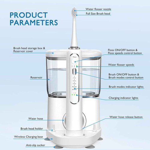 Electric Toothbrush with Water Flosser - Wireless Charging 3 in 1 Flossing Toothbrush - 500ML Professional Cordless Brush and Flosser in One - 5 Brush Modes & 3 Floss Speed (White)