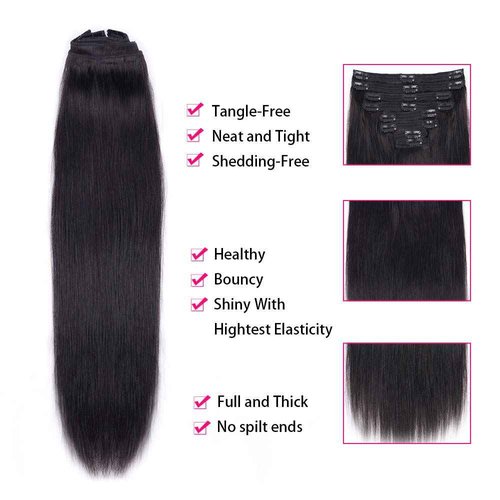 Clip in Hair Extensions Real Human Hair Straight Brazilian Human Hair Clip in Extensions 8Pcs 120g Silky Straight Remy Hair Clip ins for Women (26inch, #1B Natural Black)