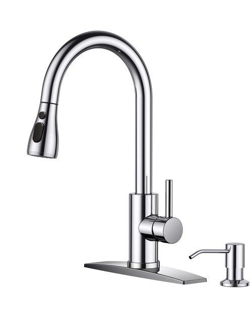 FORIOUS Kitchen Faucet with Soap Dispenser Chrome, Single Handle Stainless Steel Transitional Sink Faucet with Pull Down Sprayer 1 or 3 Hole, Suitable for Farmhouse Laundry Camper RV Bar