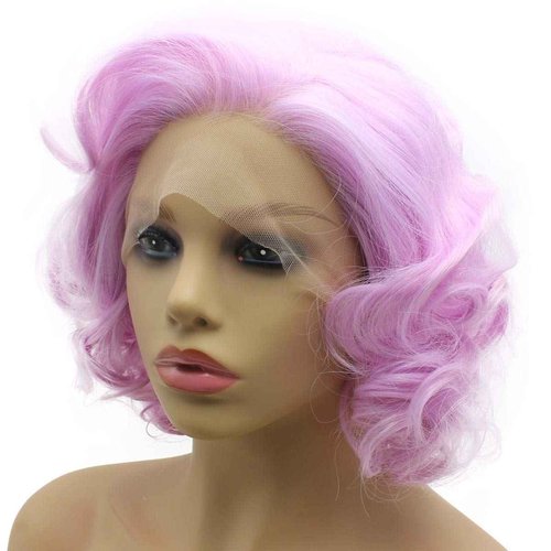 Iwonawig Short Curly Pastel Purple Wig Synthetic Lace Front Heat Resistant Fiber