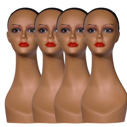 J&F CO. 4PCS Mannequin Heads for Wigs, 18" Lifelike Tan Plastic Manikin Display Heads for Sunglasses, Earrings, Jewelry Display, Beauty Accessories, PE-B