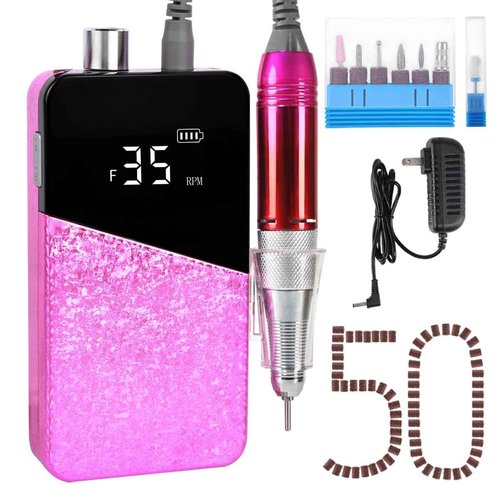 Electric Nail Drill Machine 35000RPM Professional Portable Nail File Cordless Rechargeable Nail Efile for Acrylic Gel Nails Manicure Pedicure Polishing Shape Tools for Salon Home Use (Snowflake Pink)