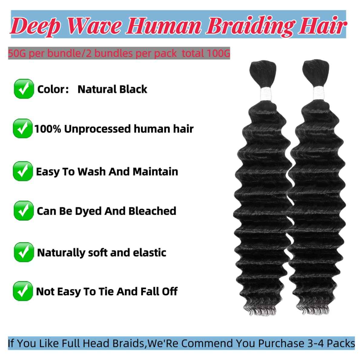 Human Braiding Hair Deep Wave Bulk Human Hair for Braiding Bohemian Knotless 2 Bundles 100g 20Inch No Weft 10A Brazilian Virgin Human Hair Extensions Curly Bulk Human Hair for Boho Braids