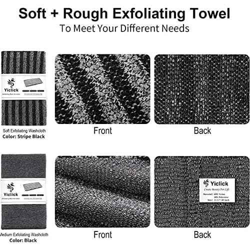 Yiclick Exfoliating Body Scrubber, Back Scrubber for Shower Bath, Japanese Scrub Wash Cloth, Exfoliating Washcloth Towel for Men Women, Body Exfoliator Loofah Luffa Sponge Net Rag Back Washer (Black)